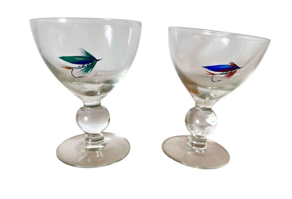 MCM Enameled Fly Fishing Cocktail Coupe Glasses - Ball Stem Pedestal -Set of Two